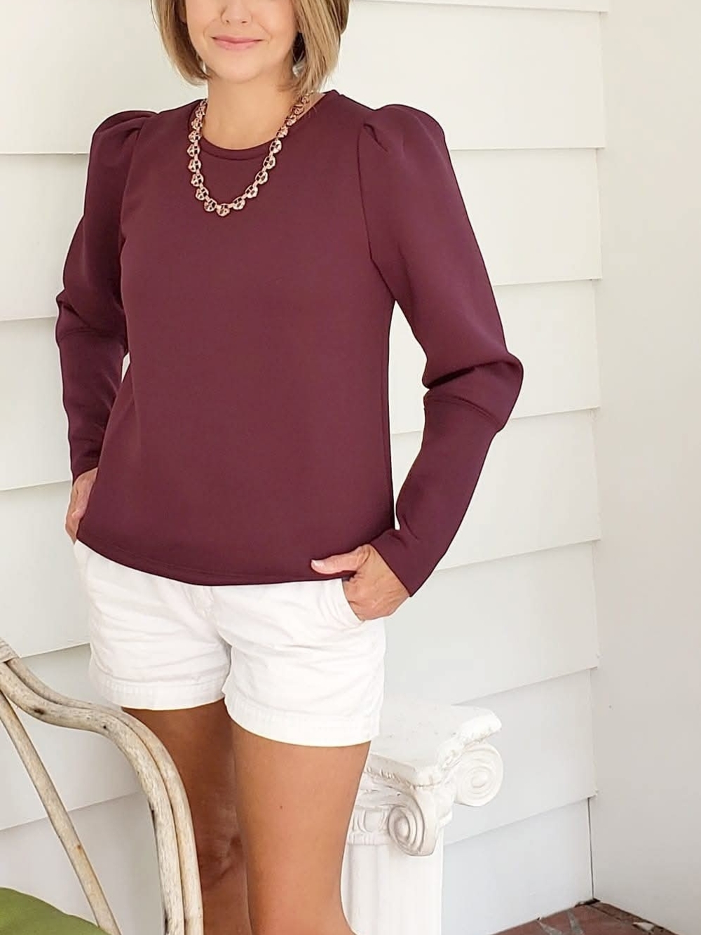 Stella & Dot The Neoprene Puff-Sleeve Pullover Top in Burgundy NWT 2X